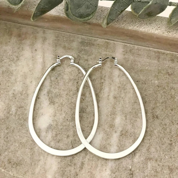 Jewelry - 925 Sterling Silver Hoop Earrings Large Oval Silver Hoops Statement Earrings